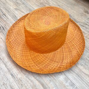 Saks Fifth Avenue Straw Hat Orange Wide Brim Italian Made Coastal Cowgirl Boho
